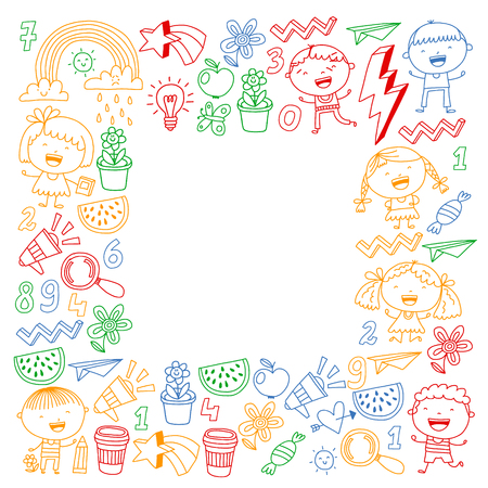 Vector pattern with kindergarten, school children. Happy children illustrationのイラスト素材