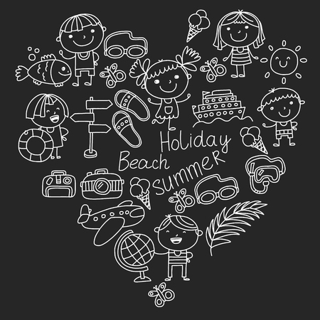 Vector pattern with children icons. Summer vacation at seashore, sea, ocean, beach. Small kids having funのイラスト素材