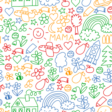 Children drawing. Colorful vector pattern with toys, space, planetsのイラスト素材