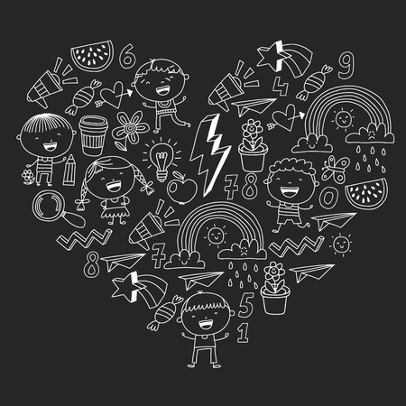 Vector pattern with kindergarten, school children. Happy children illustrationのイラスト素材
