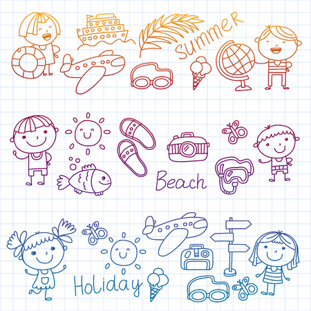 Vector pattern with children icons. Summer vacation at seashore, sea, ocean, beach. Small kids having funのイラスト素材