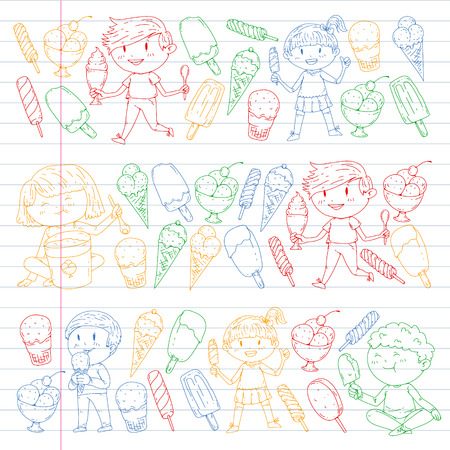 Small children eating ice cream. Sweet strawberry candy for kids. Tasty vanilla, orange, kiwi dessertのイラスト素材