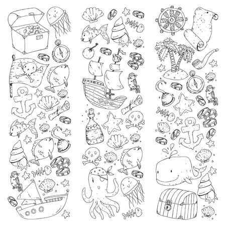 Ocean and sea for children. Pattern for boys. Pirate party. Cute fishes, animals, treasures. Kids vacation pattern, beach toys and elementsのイラスト素材