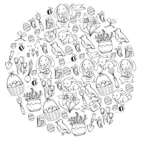 Easter vector illustration. Spring design for patterns. Holiday decoration for greeting cards. Rabbit, bunny character, eggs, flowers, seasonal elementsのイラスト素材