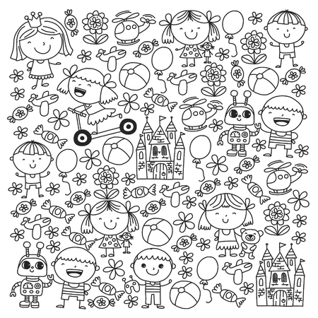 Children with toys. Colorful pattern for kindergarten postersのイラスト素材