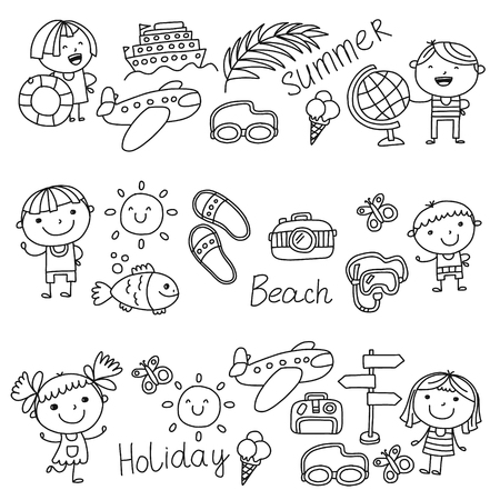 Vector pattern with children icons. Summer vacation at seashore, sea, ocean, beach. Small kids having funのイラスト素材