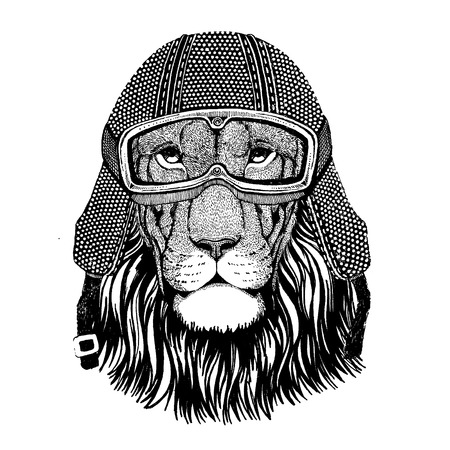 Animal wearing motorcycle helmet. Image for kindergarten children clothing, kids. T-shirt, tattoo, emblem, badge, patchのイラスト素材