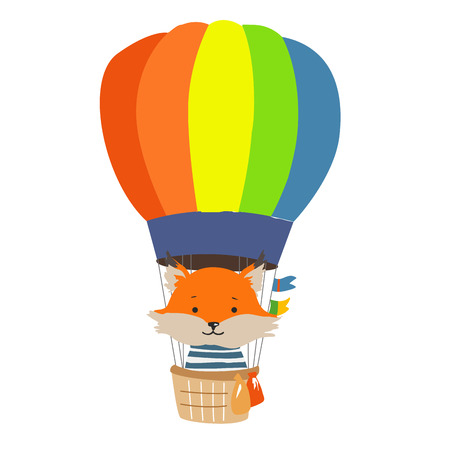 Cartoon animal fly in hot air balloon. Image for children clothes, postcards.のイラスト素材