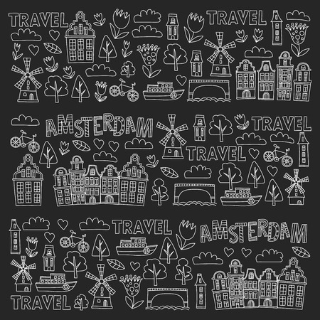 Vector pattern with Holland, Netherlands, Amsterdam icons. Doodle styleのイラスト素材