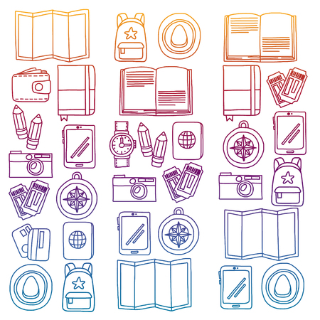 Vector pattern with travel icons. Get ready for adventures and travel. Hot air balloon, suitcase, airplane. Great vacation, holidays.のイラスト素材