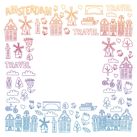 Vector pattern with Holland, Netherlands, Amsterdam icons. Doodle styleのイラスト素材