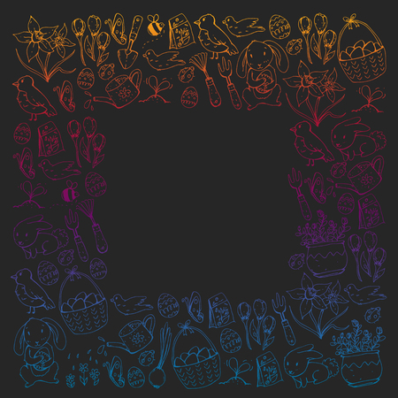 Easter vector illustration. Spring design for patterns. Holiday decoration for greeting cards. Rabbit, bunny character, eggs, flowers, seasonal elements.のイラスト素材