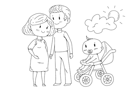 Cartoon family with pregnant woman and little childrenのイラスト素材