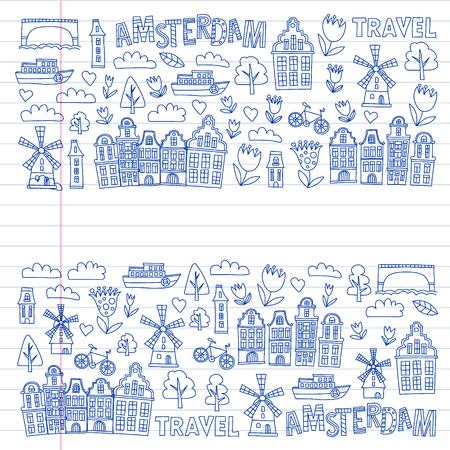 Vector pattern with Holland, Netherlands, Amsterdam icons. Doodle styleのイラスト素材