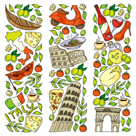 Italy vector elements and icons. Doodle pattern with italian culture, cities Roma, Venice, Milan, cheese, wine.のイラスト素材