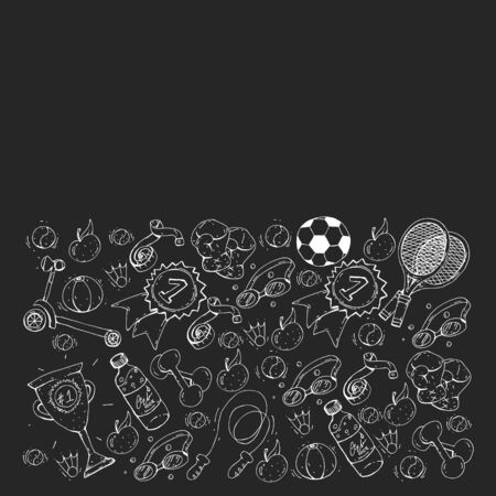Vector pattern with sport elements. Fitness, games, exercises. Doodle icons in kids drawing styleのイラスト素材