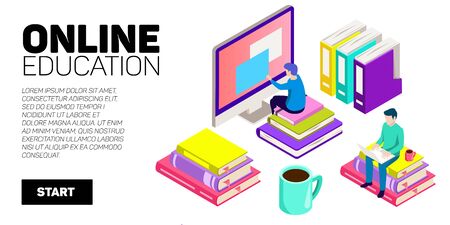 Isometric vector banner. Online education, learning, distant courses. School college unversityのイラスト素材
