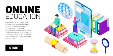Isometric vector banner. Online education, learning, distant courses. School college unversityのイラスト素材