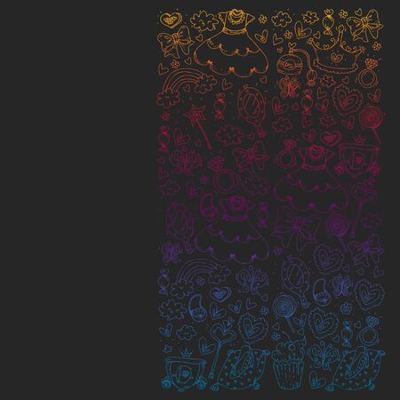 Princess birthday party for little girls. Kindergarten, school children picture. Illustration for children with castle, fairy, dress, crownのイラスト素材