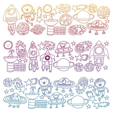 Vector pattern with space icons, planets, spaceships, stars, comets, rockets space shuttle flying saucersのイラスト素材