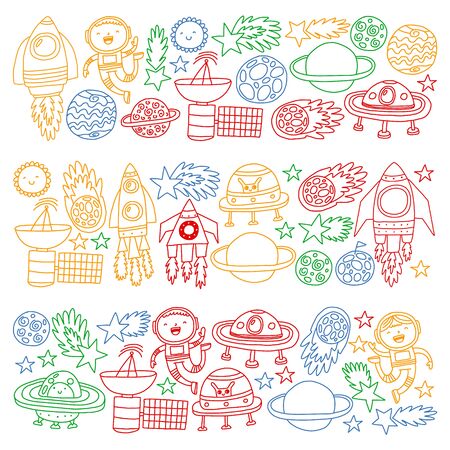 Vector pattern with space icons, planets, spaceships, stars, comets, rockets space shuttle flying saucersのイラスト素材