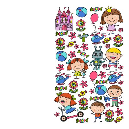 Cute little children play. Kindergarten, education, sport. Icons of kids and toys for patterns, banners, postersのイラスト素材