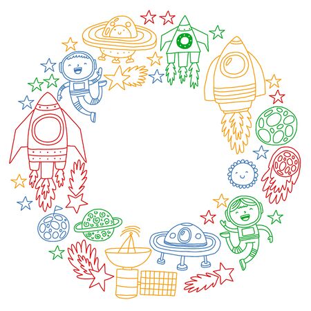 Vector pattern with space icons, planets, spaceships, stars, comets, rockets space shuttle flying saucersのイラスト素材