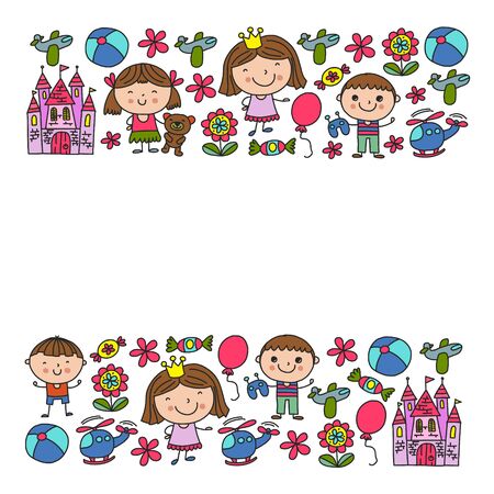 Cute little children play. Kindergarten, education, sport. Icons of kids and toys for patterns, banners, postersのイラスト素材