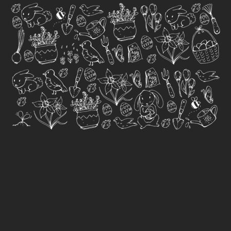 Vector pattern with easter and spring elements. Eggs in basket, bunny, flowers, birdsの写真素材
