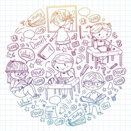 English school for children. Learn language. Education vector illustration. Kids drawing doodle style imageのイラスト素材