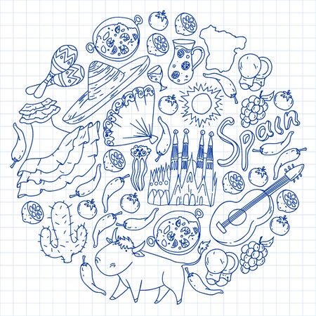 Spain icons set. Spanish traditional symbols and objects.のイラスト素材