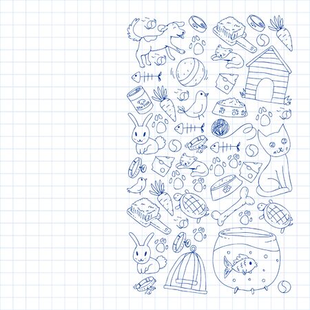 Pet shop. Vector illustration with animals, dog, cat, fish, Colorful background with kitten, bird, puppy Veterinarian clinicのイラスト素材