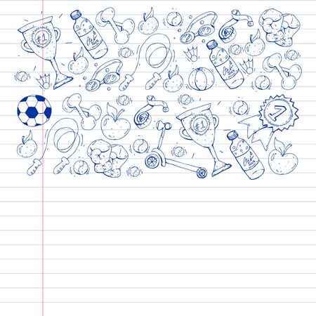 Vector pattern with sport elements. Fitness, games exercisesのイラスト素材