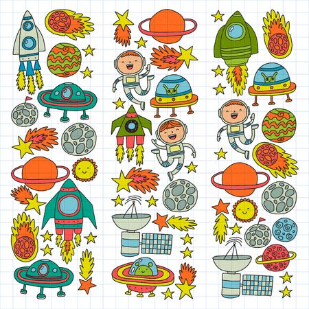 Vector pattern with space icons, planets, spaceships, stars, comets, rockets space shuttle flying saucersのイラスト素材