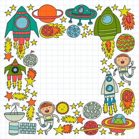 Vector pattern with space icons, planets, spaceships, stars, comets, rockets space shuttle flying saucersのイラスト素材