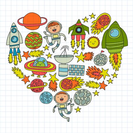 Vector pattern with space icons, planets, spaceships, stars, comets, rockets space shuttle flying saucersのイラスト素材