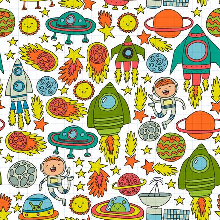 Vector pattern with space icons, planets, spaceships, stars, comets, rockets space shuttle flying saucersのイラスト素材