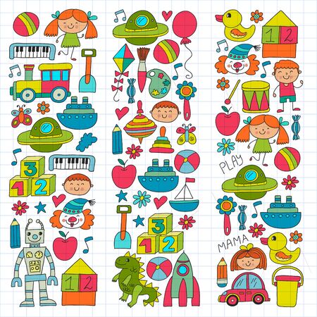 Kindergarten, preschool, school children. Kids drawing style vector pattern. Play grow learn together.のイラスト素材