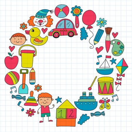Kindergarten, preschool, school children. Kids drawing style vector pattern. Play grow learn together.のイラスト素材