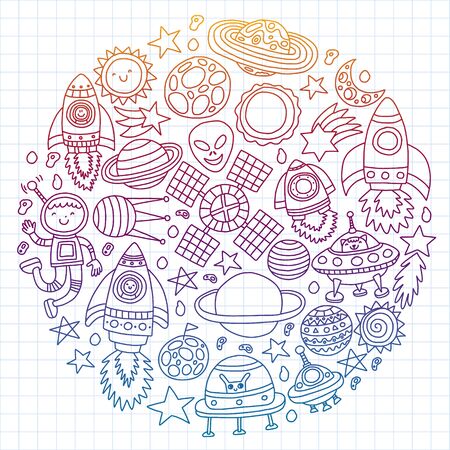 Vector pattern with space icons, planets, spaceships, stars, comets, rockets space shuttle flying saucersのイラスト素材