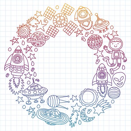 Vector pattern with space icons, planets, spaceships, stars, comets, rockets space shuttle flying saucersのイラスト素材