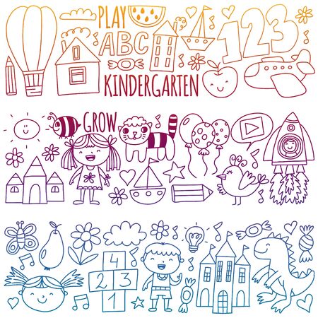 Kindergarten, preschool, school children. Kids drawing style vector pattern. Play grow learn together.のイラスト素材