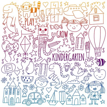 Kindergarten, preschool, school children. Kids drawing style vector pattern. Play grow learn together.のイラスト素材