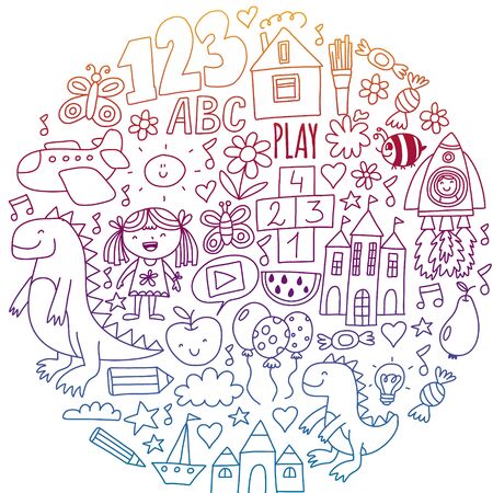 Kindergarten, preschool, school children. Kids drawing style vector pattern. Play grow learn together.のイラスト素材