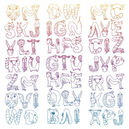 Animal alphabet. Zoo alphabet. Letters from A to Z. Cartoon cute animals. Elephant, dog, flamingo, giraffe horse alligator bear catのイラスト素材