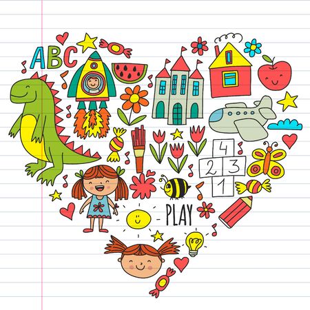 Kindergarten, preschool, school children. Kids drawing style vector pattern. Play grow learn together.のイラスト素材
