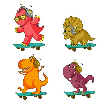Cool dinosaur, dino listening music. Cartoon mascot for children, kids clothing. Fashionable illustration for t-shirt designのイラスト素材