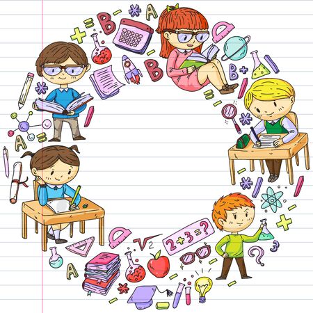 Back to school. Vector icons and elements for little children, college. Doodle style, kids drawing.のイラスト素材