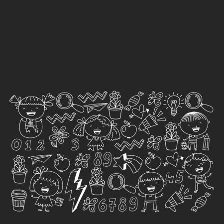 Cute little children play. Kindergarten, education, sport. Icons of kids and toys for patterns, banners, postersのイラスト素材