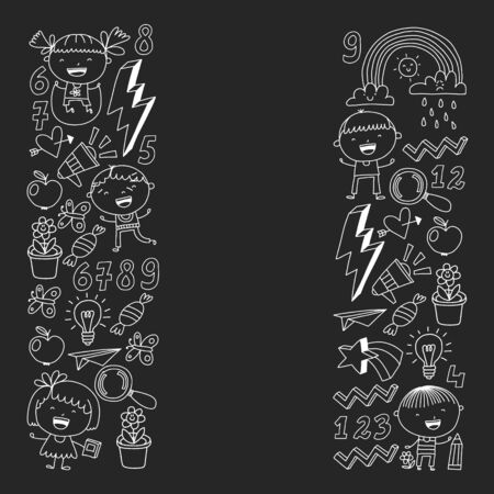 Cute little children play. Kindergarten, education, sport. Icons of kids and toys for patterns, banners, postersのイラスト素材